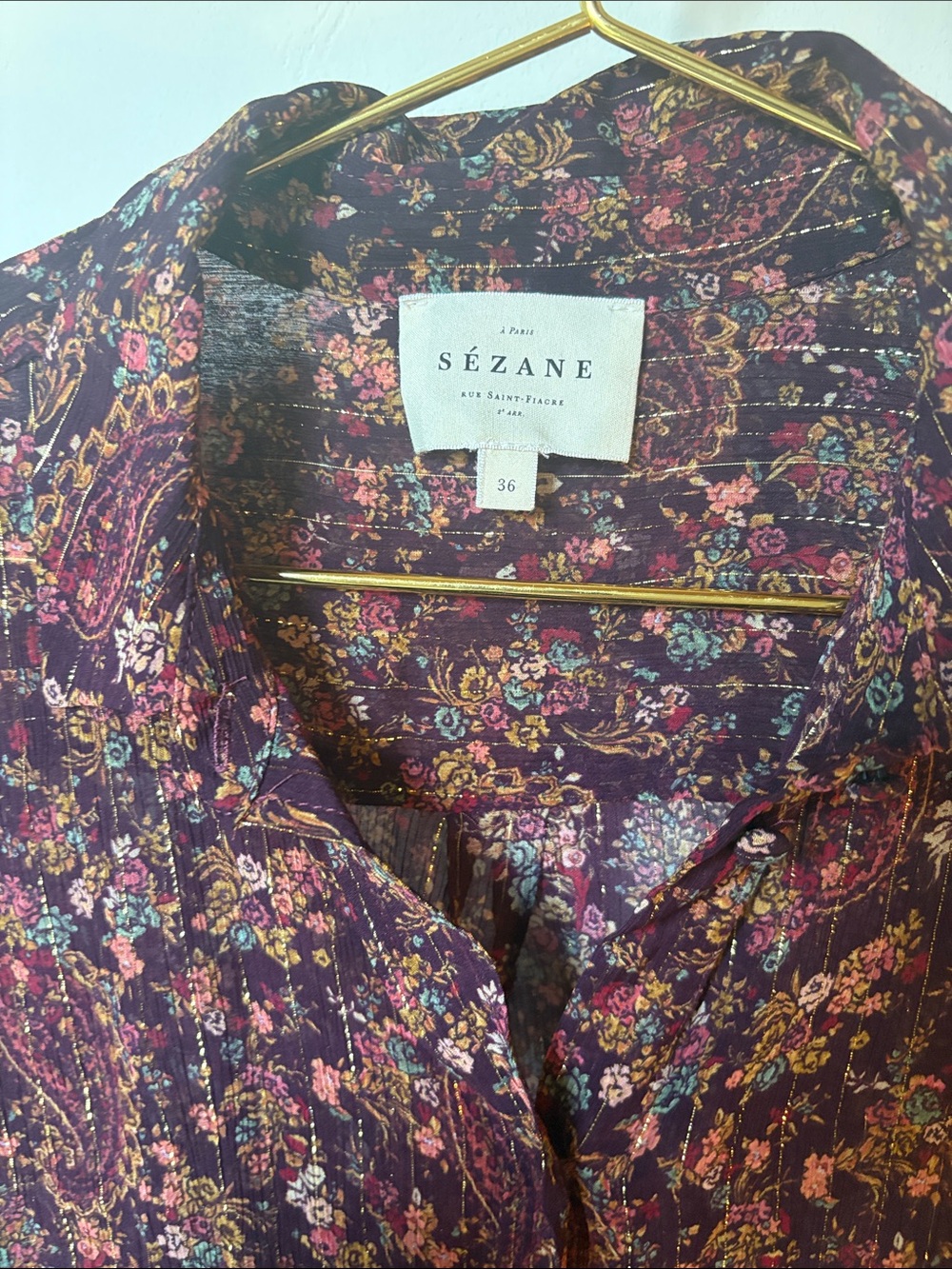 Sezane Floral Paisley Button-Up Blouse in Deep Plum Multi - Picture 2 of 2
